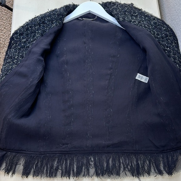 Elie Tahari Black Tweed Button-Up Blazer W/ Fringe Trim Sz Medium - Picture 6 of 16